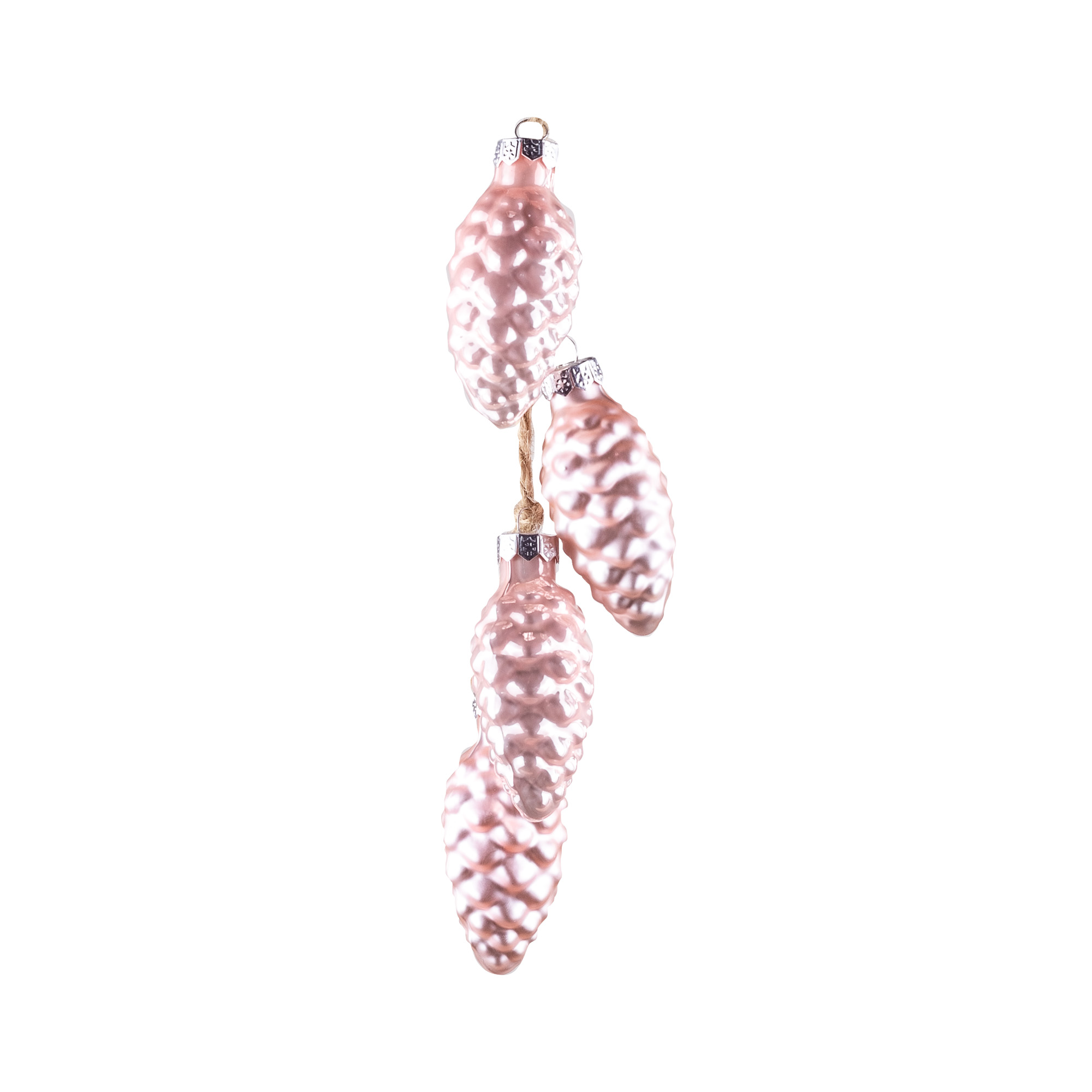 Glass christmas decoration Pinecones on rope, 4pcs, Light pink